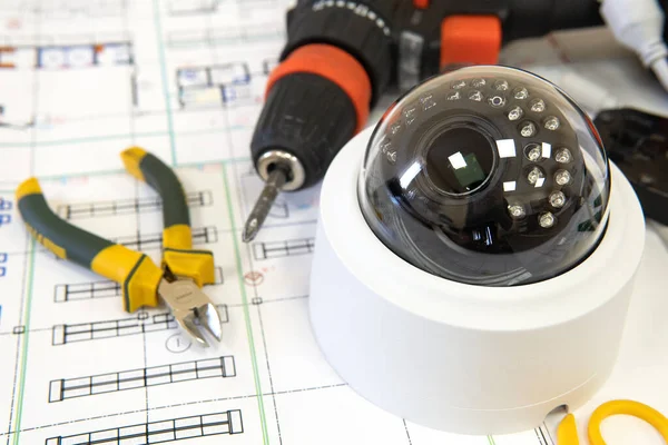 Security system with CCTV cameras. Equipment for video surveillance. Good for a security engineering or advertising site.