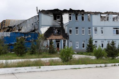 War in Ukraine. Destroyed buildings in the Kyiv region after the attack of the Russian army. Consequences of the Russian invasion of Ukraine. Kyiv region, Ukraine, June 2022.