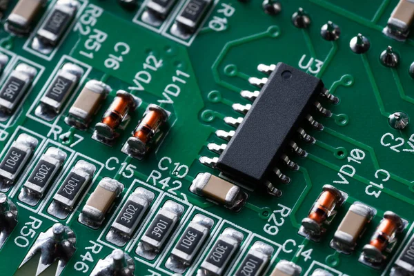 Electronic Circuit Board Electronic Components Chips Close — стоковое фото