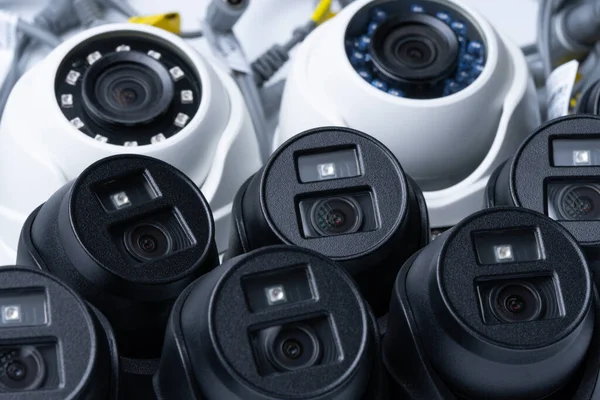 Modern White Black Security Cameras Close Video Surveillance Concept Background — 스톡 사진