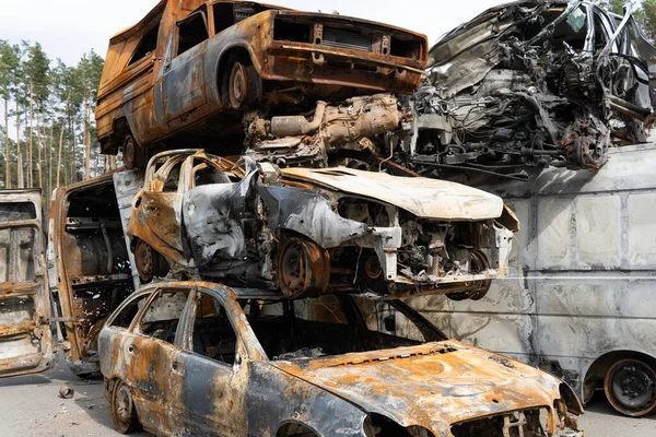 War Ukraine Car Graveyard Cars Civilians Were Shot Russias War — Stockfoto