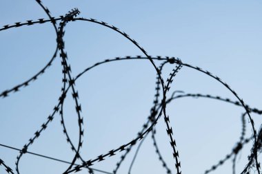 Fence with barbed wire defending against refugees with copy space