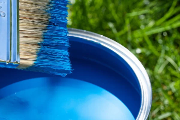 Top view of blue paint can, can lid, new brush on green grass.