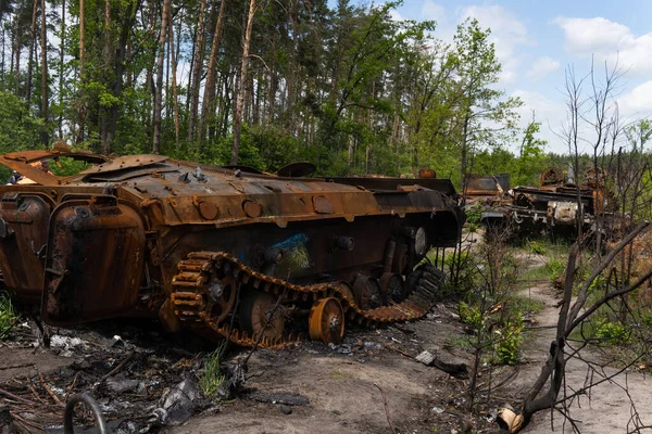 Column Russian Military Equipment Destroyed Lot Tanks Infantry Fighting Vehicles — Stock Photo, Image