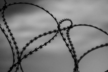 Fence with barbed wire in front of dark grey sky. Selective focus.
