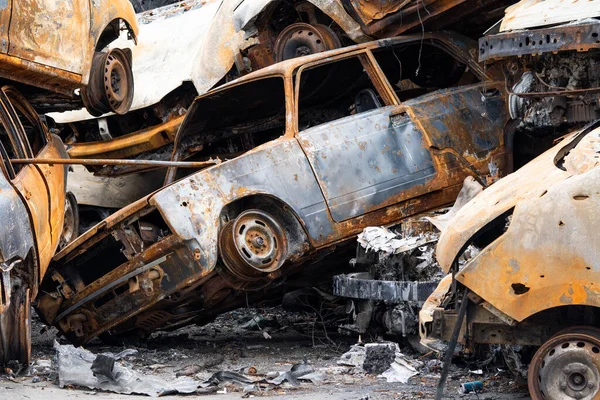 Cars Civilians Were Shot Russias War Ukraine Burnt Blown Car — ストック写真