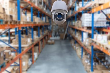 CCTV camera security system installed in a warehouse. 24 hours indoor video control. round-the-clock video recording at the enterprise.
