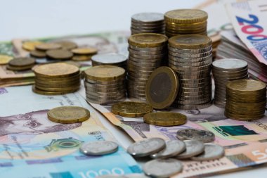 Çeşitli metal paraların, Ukrayna banknotlarının ve euro banknotlarının renkli soyut arkaplanı. Para ve finans, başarılı yatırım kavramı.