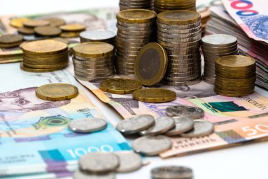 Çeşitli metal paraların, Ukrayna banknotlarının ve euro banknotlarının renkli soyut arkaplanı. Para ve finans, başarılı yatırım kavramı.