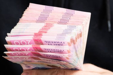 Hand with hryvnia banknotes, the money of Ukraine.