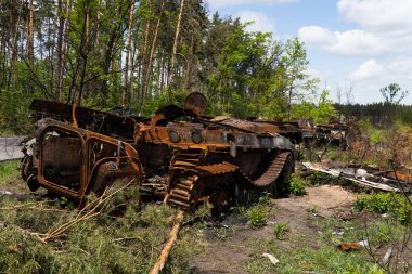 A column of Russian military equipment was destroyed. A lot of tanks and infantry fighting vehicles were burned ATGM military concept.