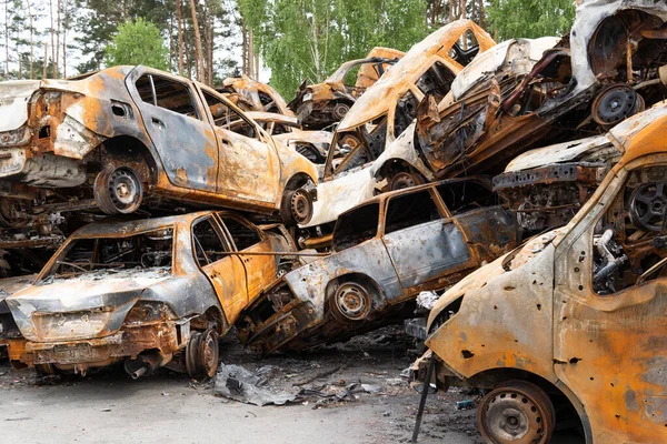 Irpin Kyiv Region Ukraine April 2022 Car Cemetery Irpin Consequences — стокове фото