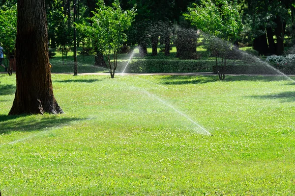 Close Automatic Garden Watering System Different Sprinklers Installed Turf Landscape — Stock Photo, Image