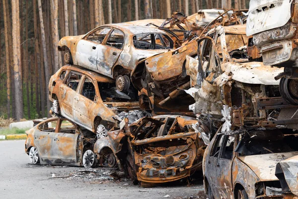 Cars Civilians Were Shot Russia War Ukraine Burnt Blown Car — Stockfoto