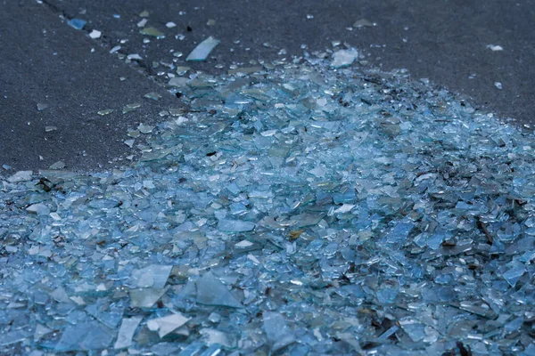 Shattered Glass. Background as broken pieces or crocks of white glass on the ground outdoors. Pine needles between glass pieces