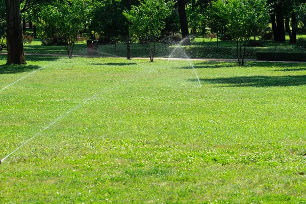 Gartenbewässerungssystem Rasen Automatischer Rasensprenger Der Grünes Gras Wässert Selektiver Fokus — Stockfoto