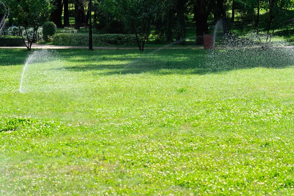 Gartenbewässerungssystem Rasen Automatischer Rasensprenger Der Grünes Gras Wässert Selektiver Fokus — Stockfoto