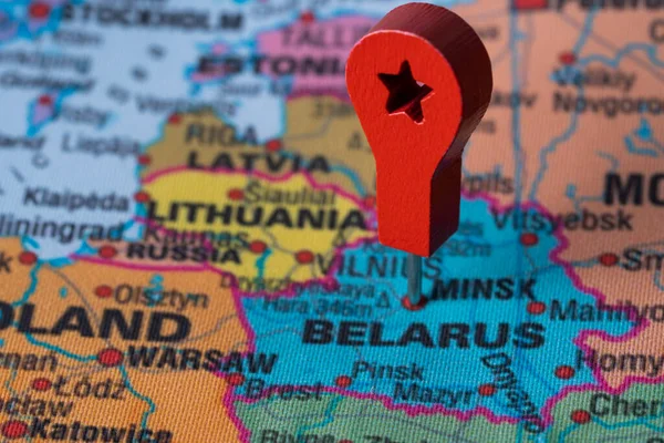Red pin, point on the map of Belarus. Concept travel background