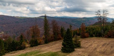 Sonbaharda Brenna köyünün yukarısındaki Stary Gron tepesindeki gözcü kulesinden Polonya 'daki Beskid Slaski dağlarının manzarası