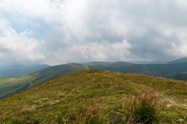 Romanya 'daki Valca dağları, Dağ çayırı ve ormanla kaplı - Varful Lui Frate tepesinden manzara