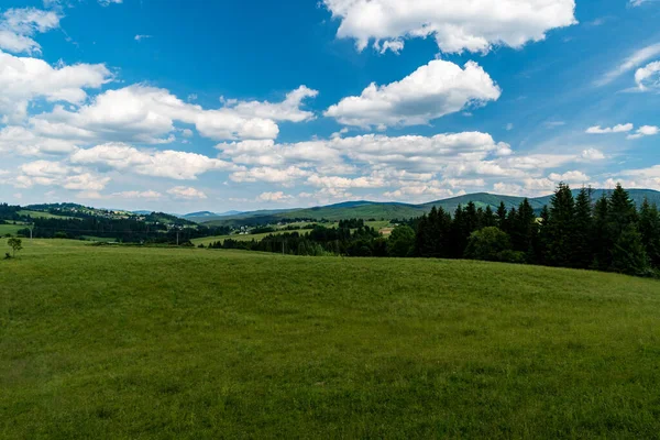 Prachtige Heuvelachtige Omgeving Van Oravska Lesna Dorp Slowakije Met Weide — Stockfoto