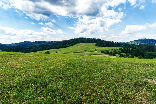 牧草地 森林に覆われた丘と雲と青空と圧延風景 スロバキアのOravskaレスナ村の周辺 — ストック写真