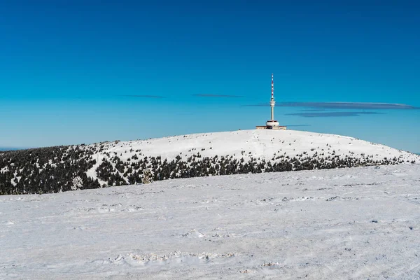 美しい冬の日の間にチェコ共和国のイェセニーキ山のVysoka穴の丘からの通信塔とプレッドの丘 — ストック写真