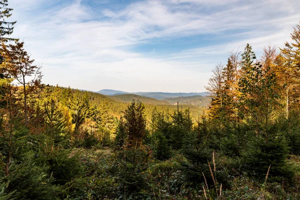 Orman kaplı tepeler ve bulutlu mavi gökyüzü ile sonbahar dağ manzarası - Bumbalka yakınlarındaki yürüyüş yolu - Slovakya sınırları