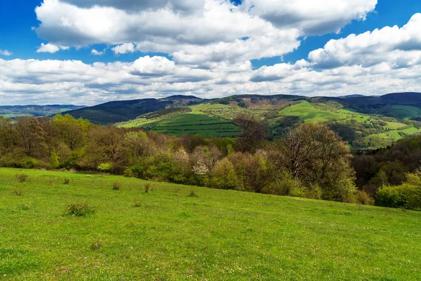 Berglandschap Lente Met Heuvels Bedekt Door Weiden Bos Blauwe Lucht — Stockfoto