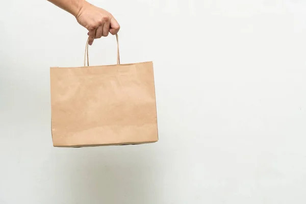 Hand Kraft Paper Bag Isolated White Background World Reduce Global — Stock Photo, Image