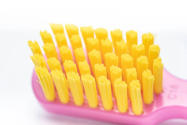 Toothbrush Pink Handle Yellow Brush Head Toothbrush Closeup White Background — Stock Photo, Image