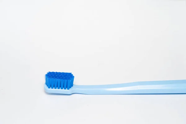 Part Blue Toothbrush White Toothpaste Blue White Background Toothbrush Closeup — Stock Photo, Image