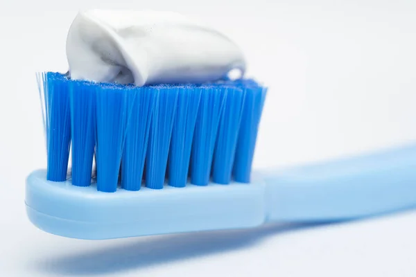 Part Blue Toothbrush White Toothpaste Blue White Background Toothbrush Closeup — Stock Photo, Image