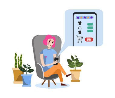 Koltuğunda oturan ve internetten alışveriş yapan genç bir kadının düz stil çizimi. Genç bir kadın rahat bir ortamda online alışveriş yapıyor..