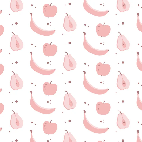 Seamless Pink Fruit Pattern Banana Apple Pear Hand Drawn Fruit — Stockvektor