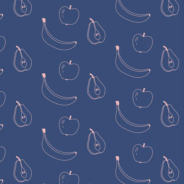 Seamless Pink Fruit Pattern Banana Apple Pear Dark Blue Background — Stockvektor