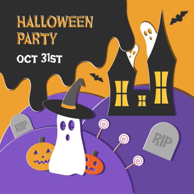 Halloween paper cut poster with ghosts, pumpkins and bats. Spooky Halloween poster in orange, purple and orange colors. 