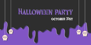 Halloween party flowing down poster with skulls in paper cut style. Halloween paper cut invitation with skulls.