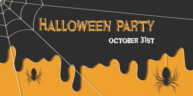 Halloween party banner in paper cut style. Halloween party invitation with spiders and web in paper cut style.