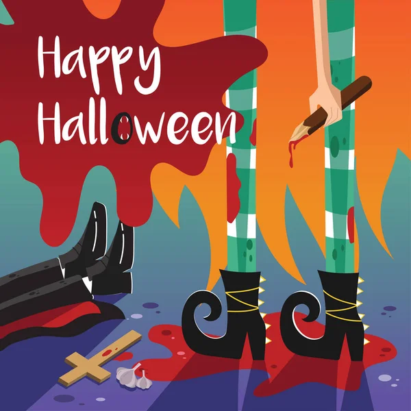 Felice Poster Vettoriale Halloween Raffigurante Gambe Della Strega Che Tiene — Vettoriale Stock