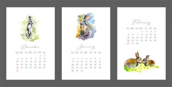 2023年日历 2023年冬季日历 12月 2023日历与可爱的手绘水彩兔 — 图库矢量图片