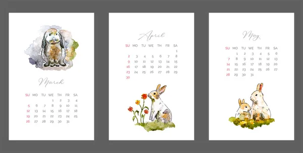 2023年日历 2023年春季日历 2023日历与可爱的手绘水彩兔 — 图库矢量图片