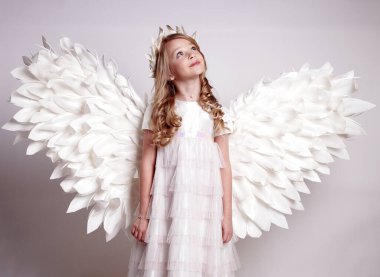 Melek kanatlı güzel bir bayan. Stüdyodan izole edilmiş.