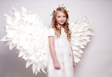 Melek kanatlı güzel bir bayan. Stüdyodan izole edilmiş.