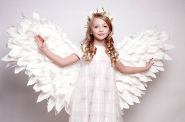 Melek kanatlı güzel bir bayan. Stüdyodan izole edilmiş.