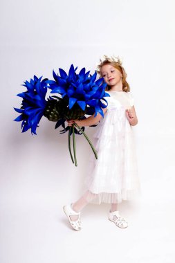 Mavi çiçekli güzel bir kız çocuğu. Stüdyoda izole edilmiş.