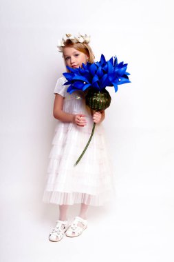 Mavi çiçekli güzel bir kız çocuğu. Stüdyoda izole edilmiş.