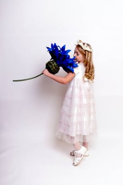 Mavi çiçekli güzel bir kız çocuğu. Stüdyoda izole edilmiş.