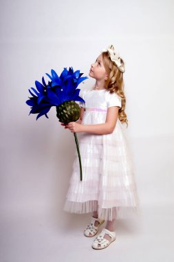 Mavi çiçekli güzel bir kız çocuğu. Stüdyoda izole edilmiş.
