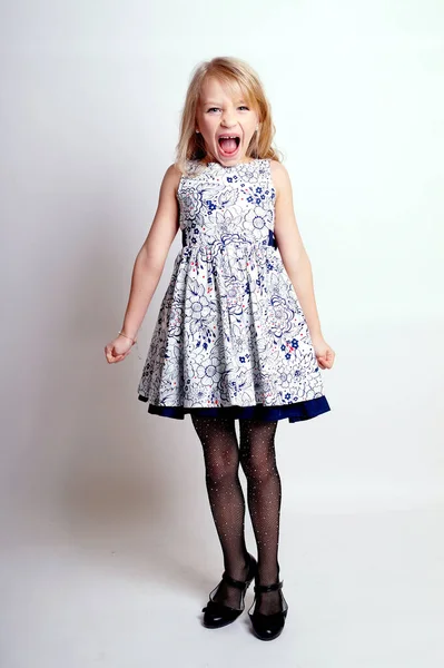 Pretty Young Kid Girl Grey Dress Isolated Studio Shot — Stock Photo, Image